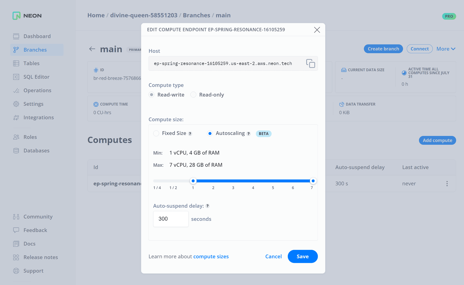 Edit compute endpoint dialog showing an Autoscaling configuration